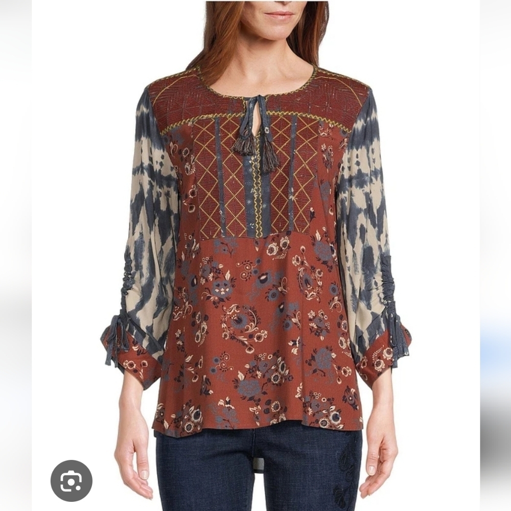 John Mark Mixed Print Embroidered Boho Blouse Top XL Floral Tie Dye